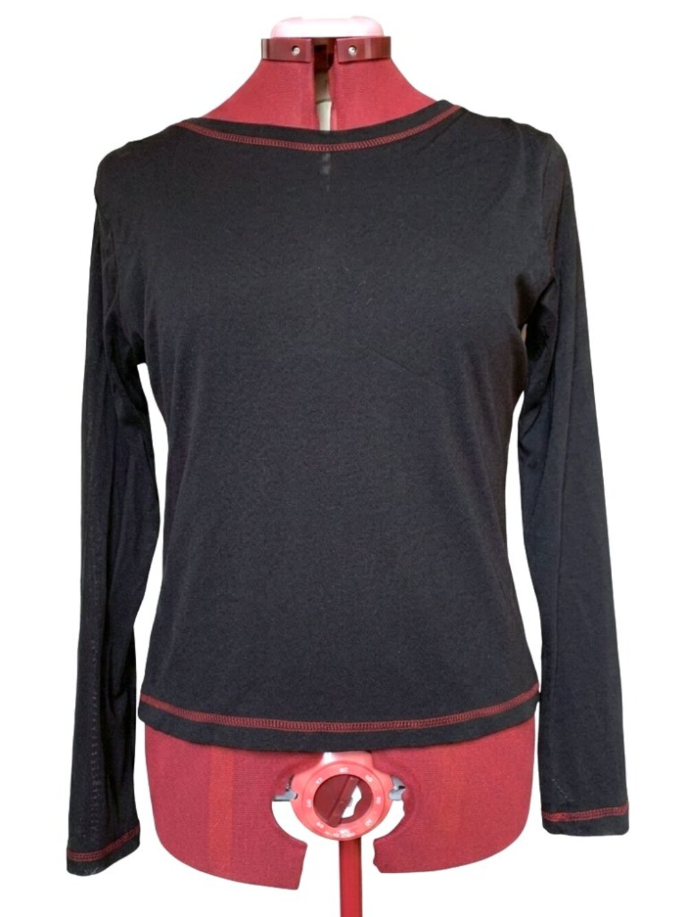 Touché Brand-  Black semi sheer Long-Sleeve Crewneck Top with Contrast Stitching